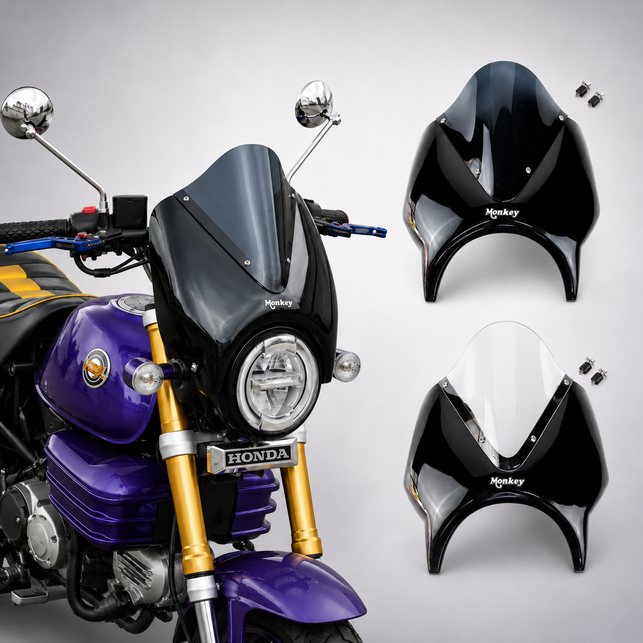 ฝาครอบไฟหน้าสีดำ ชิลด์บังลมใส V.5 สำหรับ HONDA MONKEY Z125 ปี 2018-2025